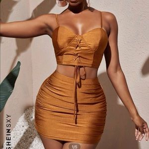 Brown two piece mini skirt set